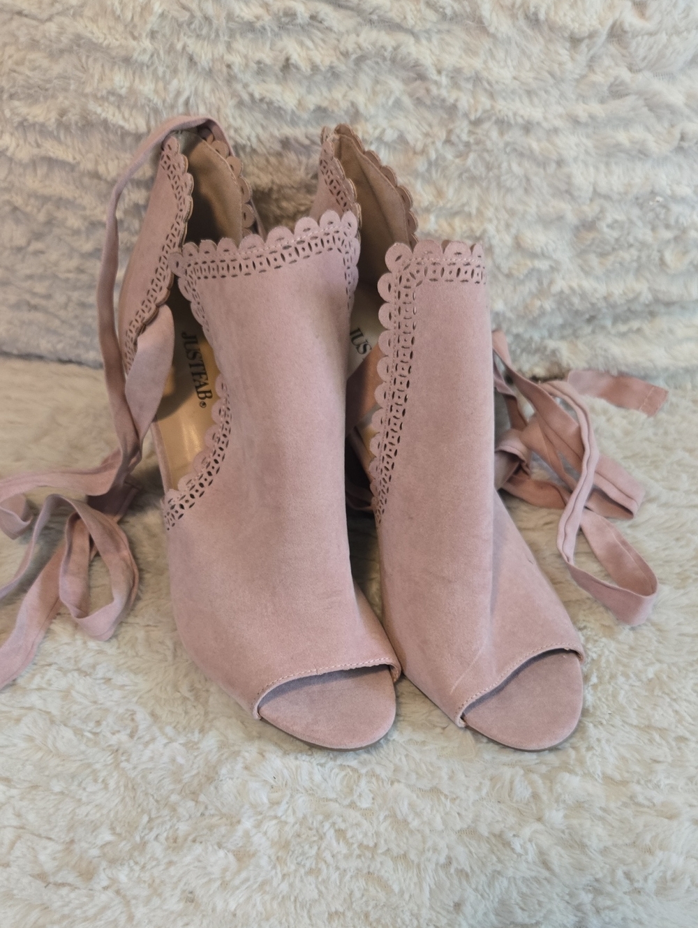 JustFab Blush Pink Laser-Cut Lace-Up Peep Toe Heels